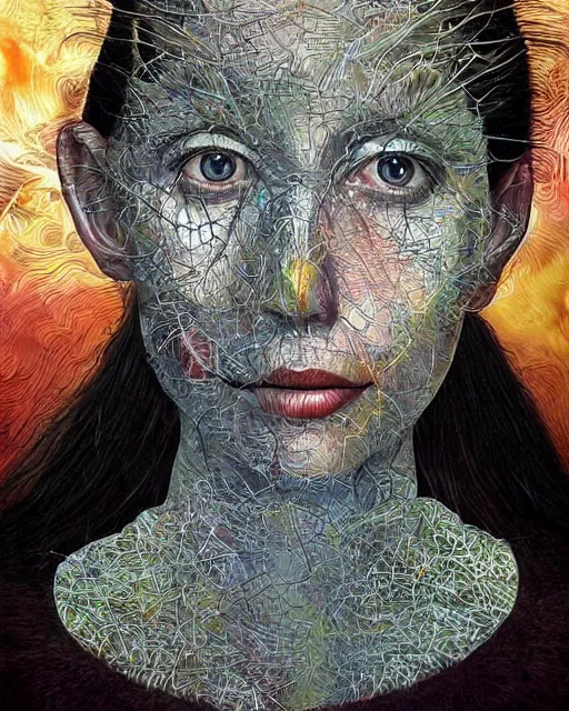 Image similar to mathematics themed surrealist art in the styles of igor morski, jim warren, and wangechi mutu, intricate, hyperrealistic, accurate facial details, profile picture with chromakey!!!!! background, volumetric lighting