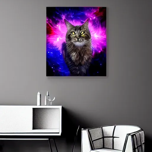 Image similar to realistic giant maine coon cat in space nebula art