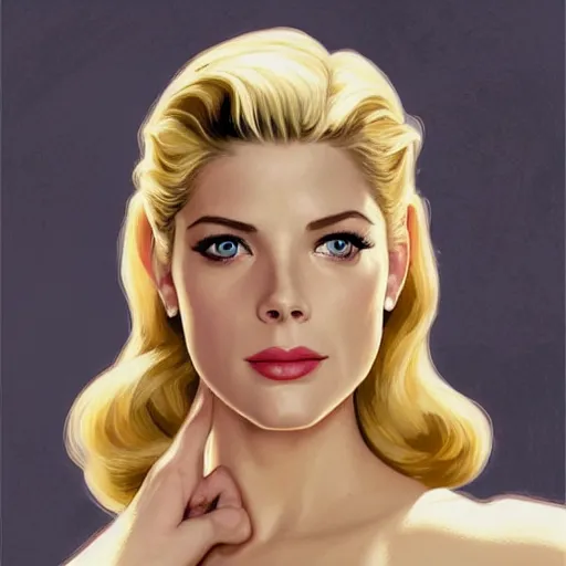 Image similar to A combination of Grace Kelly's and Katheryn Winnick's and Ashley Greene's faces as Solid Snake, full body portrait, western, fantasy, intricate, elegant, highly detailed, digital painting, artstation, concept art, matte, sharp focus, illustration, half body portrait, art by Artgerm and Greg Rutkowski and Alphonse Mucha