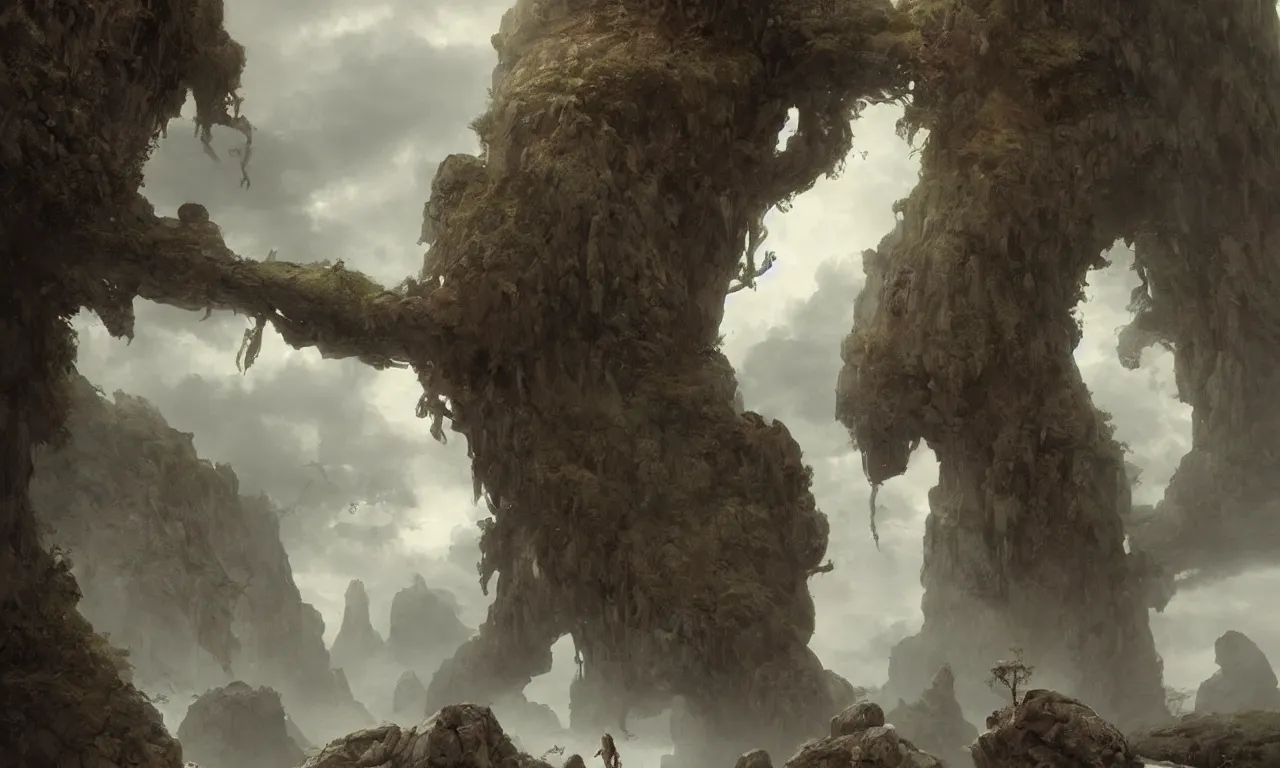 Image similar to angry stone giant. tooth wu, edward gorey, greg rutkowski, andreas achenbach, artgerm, mikko lagerstedt, zack snyder, tokujin yoshioka