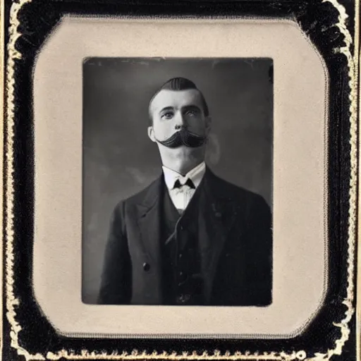 Prompt: 1 9 2 0 s portrait photograph of a delicate russian gentleman, fine mustache, elegant eyes, dignified pose, old photograph, worn, highly detailed render, hi - res scan