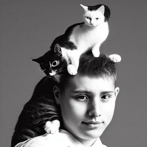 Prompt: a young man with a cat sitting on top of his head