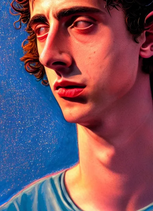 Image similar to hyperrealistic close-up TIMOTHEE CHALAMET as a Pleiadian! highly detailed concept art eric zener elson peter cinematic hard blue lighting high angle hd 8k sharp shallow depth of field, inspired by David Paul Cronenberg and Zdzisław Beksiński