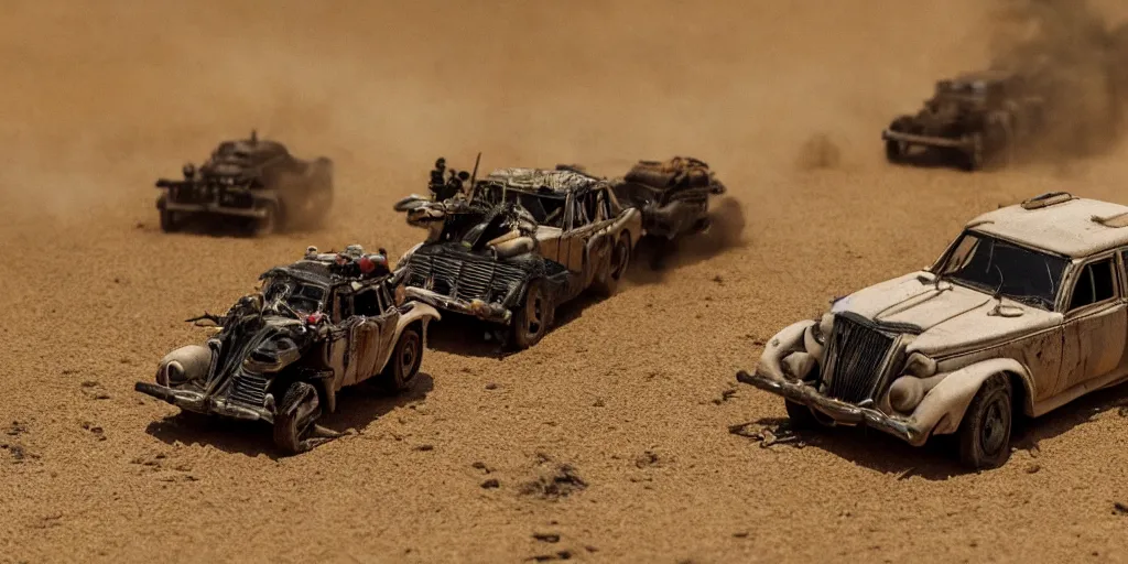 Image similar to needle felt of car chase scene from fury road ( 2 0 1 5 ), tilt shift, action shot, explosions, dust, detailed textures, dramatic light, god rays