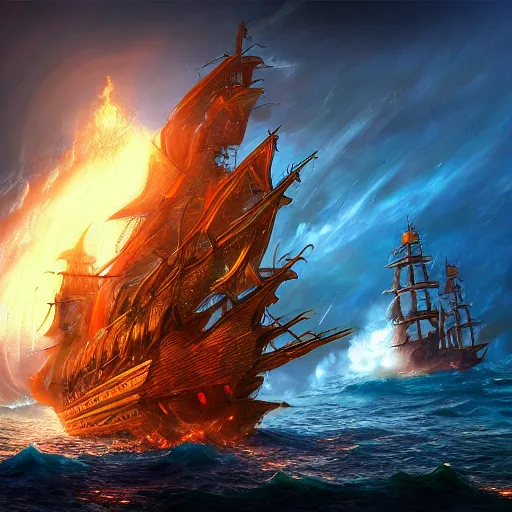 Image similar to fantasy fireship crossing an ocean, high detail, fantasy art, concept art, 4 k, ultra detail, computer art