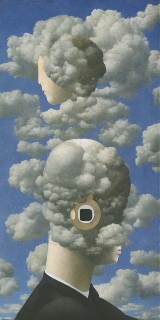 Prompt: a beautiful cyborg made of clouds by rene magritte