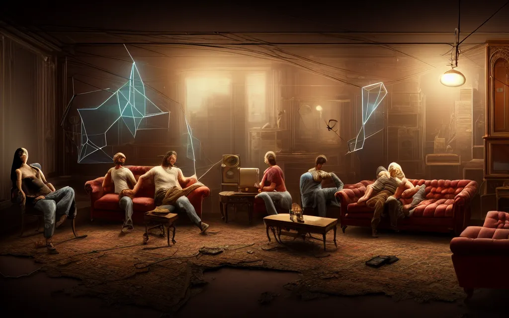 Prompt: A group of people sitting on an old couch in an old room with dusty antique furniture all around, very detailed, cyberpunk wires and oled monitors on the walls, digital displays and holographic projections, ultrarealistic, dramatic lighting, electrical details, high details, 4k, 8k, best, accurate, trending on artstation, artstation, photorealism, ultrarealistic, digital painting, style of Caravaggio, Boris Vallejo