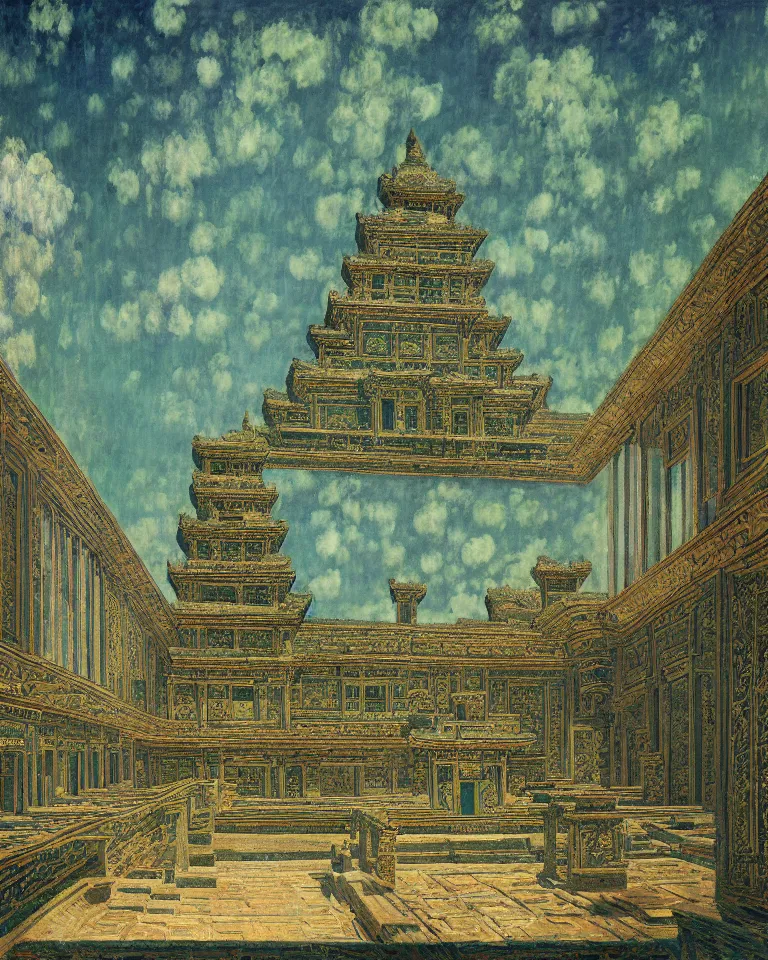 Image similar to achingly beautiful painting of intricate ancient palace on jade background by rene magritte, monet, and turner. giovanni battista piranesi.