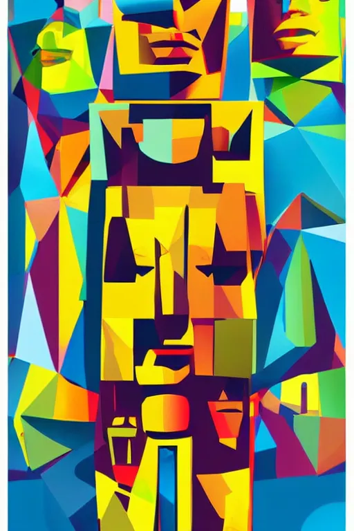 Image similar to cubist moai statue cutout digital illustration cartoon colorful beeple