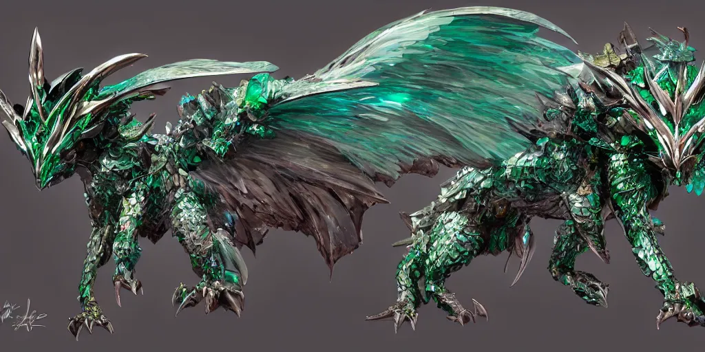 Image similar to Emerald four legged crystal bat, character design sheet, Monster Hunter Illustrations art book, big claws, sharp fangs, huge wings, long tail, iridescent scale patterns, cluster of crystals as spikes on its back, Moebius, Greg Rutkowski, Zabrocki, Karlkka, Jayison Devadas, Phuoc Quan, trending on Artstation, 8K, ultra wide angle, zenith view, pincushion lens effect.