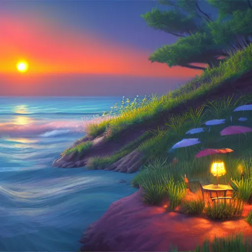 Prompt: fireflies in a ocean inspired by Evgeny Lushpin,cottage,sunset,spring,cinematic,trending on ArtStation