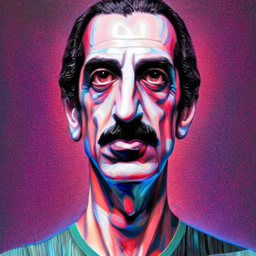 Prompt: An extremely psychedelic portrait of Frank Zappa, surreal, LSD, face, detailed, intricate, elegant, lithe, highly detailed, digital painting, artstation, concept art, smooth, sharp focus, illustration