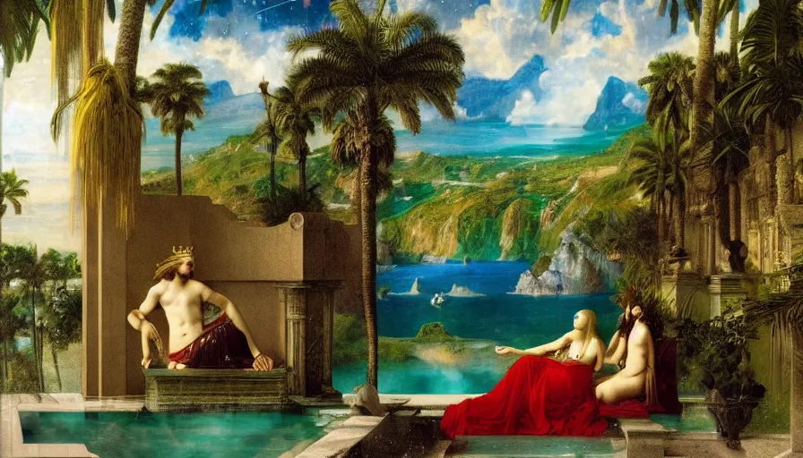 Image similar to Inside the Palace of the occult, mediterranean balustrade and columns, refracted sparkles, thunderstorm, greek pool, beach and Tropical vegetation on the background major arcana sky and occult symbols, by paul delaroche, hyperrealistic 4k uhd, award-winning, very detailed paradise