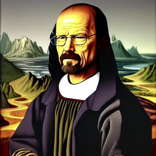 Prompt: A portrait painting of Walter White in the style of Mona Lisa