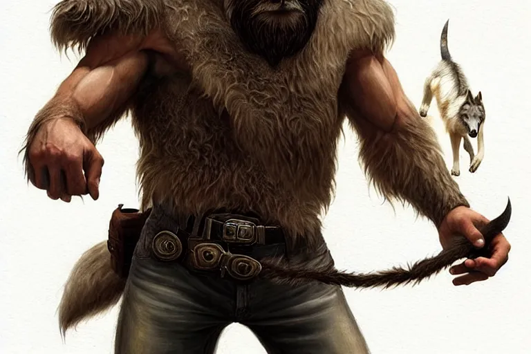 Prompt: photorealistic full body portrait of a gruff ranger with a pet wolf, lean and toned, handsome face, hairy chest and hairy body, D&D, intricate, elegant, highly detailed, digital painting, artstation, concept art, matte, sharp focus, chiaroscuro, well lit, illustration, art by Artgerm and Greg Rutkowski and Alphonse Mucha