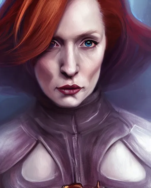 Image similar to Dana Scully as an elf warlock, casting chaos magic, D&D character art, realistic digital painting, fantasy art, digital painting, character portrait, intricate ornamentation, by WLOP, Artstation Trending, Wayne Reynolds