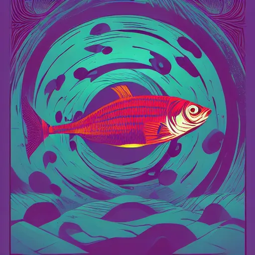 Image similar to one stylized fish in center of view, viewed in profile, dark ocean, complex patterns, artstation, intricate, realistic, highly detailed, digital painting, concept art, sharp focus, illustration by tom whalen and charles williams and kilian eng and james jean