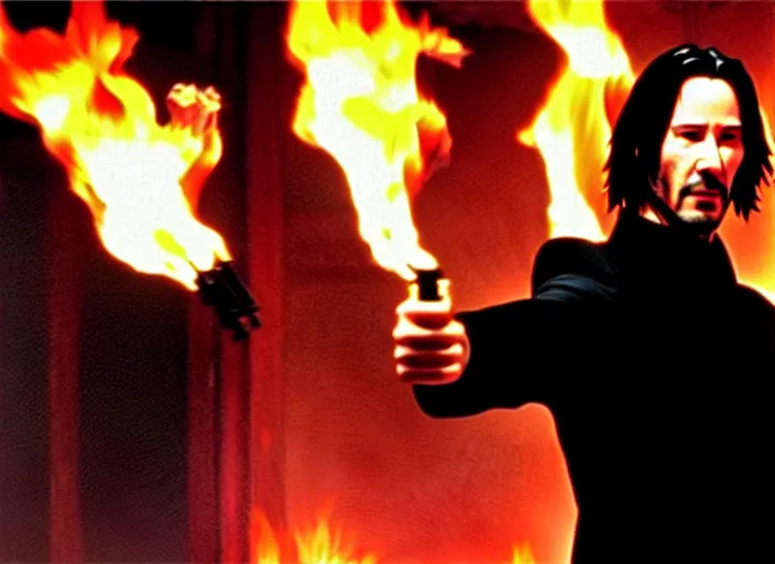 Image similar to A photo of Keanu Reeves as Neo in The Matrix movie doing a thumb up to the camera in front on burning servers, servers in flames in the background, doing a thumb up, The Matrix servers on fire, uncropped, full body, crispy, symmetrical face, ultra detailed, cinematic