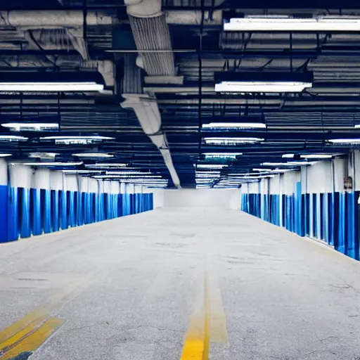 Prompt: nostalgic lonely underground IKEA parkinglot, indigo colored lighting.