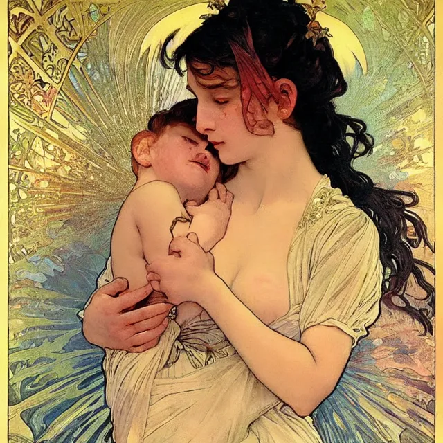 Image similar to an aesthetic! detailed portrait of an aesthetic woman crying mournfully while cradling a child, by frank frazetta and alphonse mucha, oil on canvas, bright colors, art nouveau, epic composition, dungeons and dragons fantasy art, hd, god - rays, ray - tracing, crisp contour - lines, huhd - 8 k