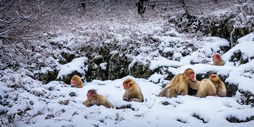 Prompt: nature photography of the snowy mountain in Jigokudani Yaen Koen with snowflakes in the air, there are snow monkeys relaxing in the hot springs and grooming each other, the snow monkeys are caring, family, intelligent, smart, inquisitive, adorable, attentive and handsome, the image emotes feelings of serene calm energy, award winning 4K HDR photography