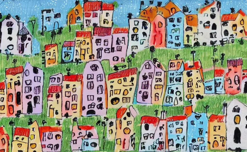 Prompt: village, houses with faces, discreet colour palette, naive, photorealistic drawing