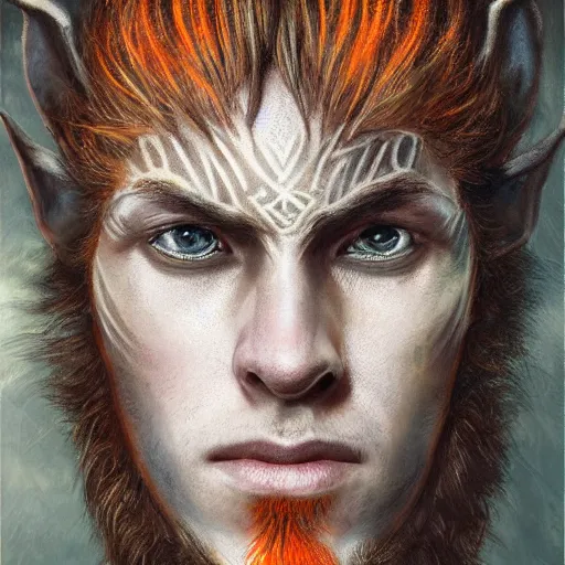 Prompt: portrait painting of an elven young man with short light orange hair and tribal tattoos on his face wearing fur armor, sharp focus, award - winning, trending on artstation, masterpiece, highly detailed, intricate. art by seb mckinnon