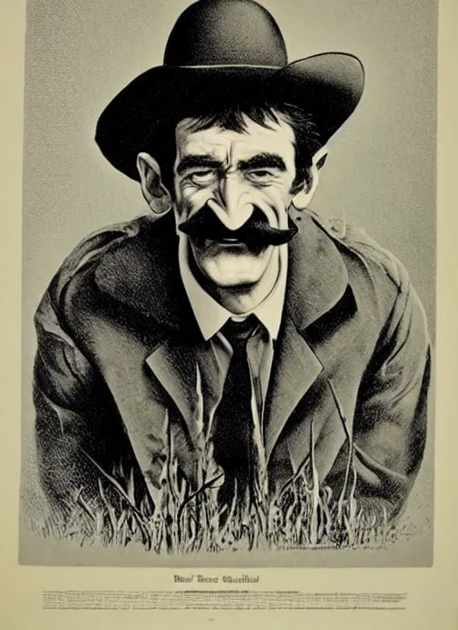 Prompt: Barry Chuckle is the most rootinest, tootinest sheriff of the old West. Lithograph 1889