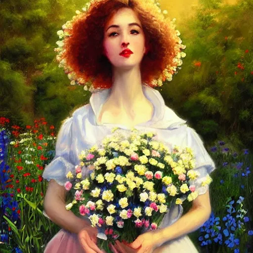 Image similar to a portrait of a romantic woman with flowers grow out of hair, roses peonies forget-me-nots dahlias lupins gladioli, sky theme in background, by Alexandr Averin, Digital Art, Trending on artstation