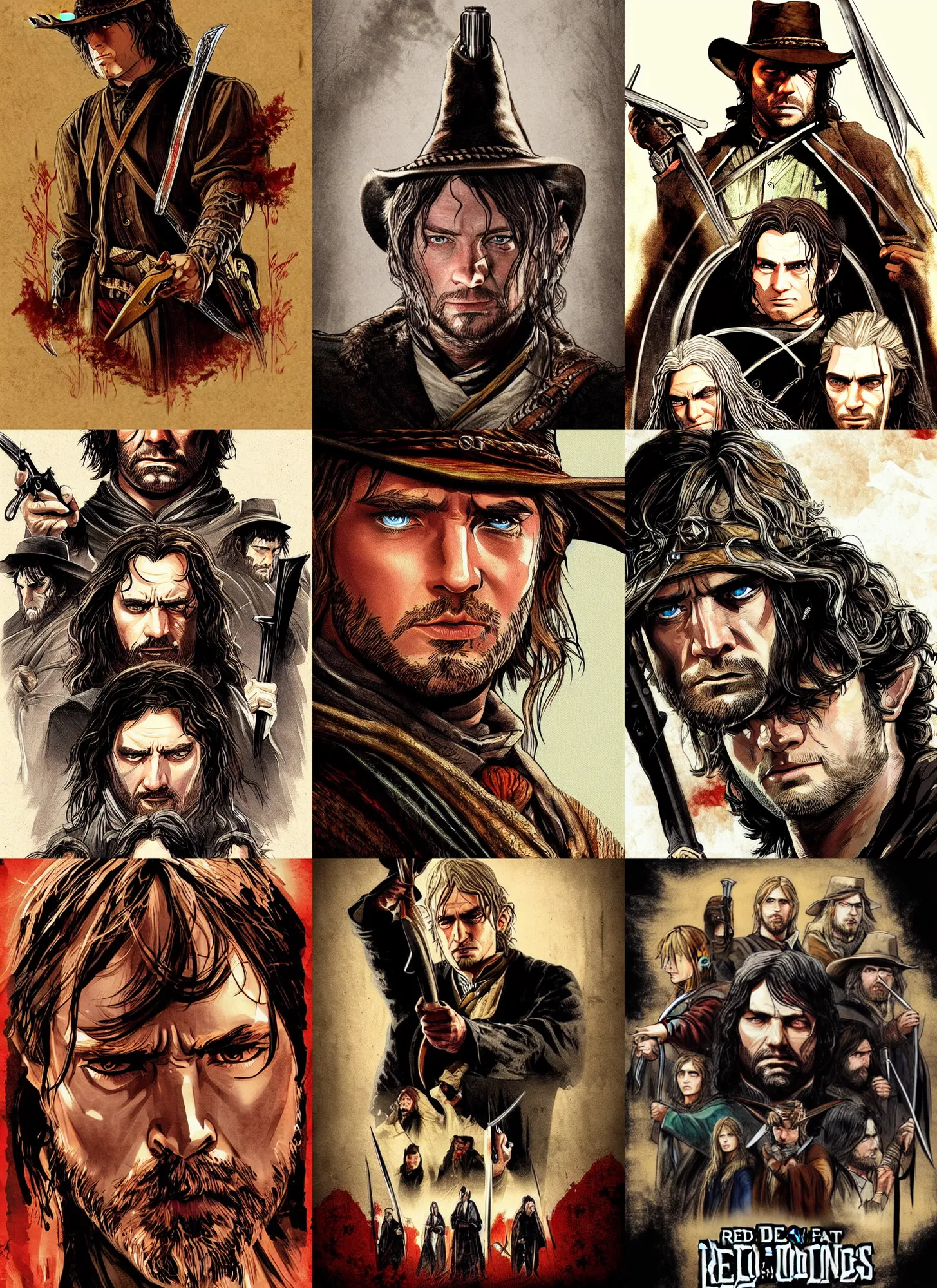 Prompt: lord of the rings red dead redemption art style, rockstar games art, semi - realistic anime, portrait, beautiful face, symmetrical face