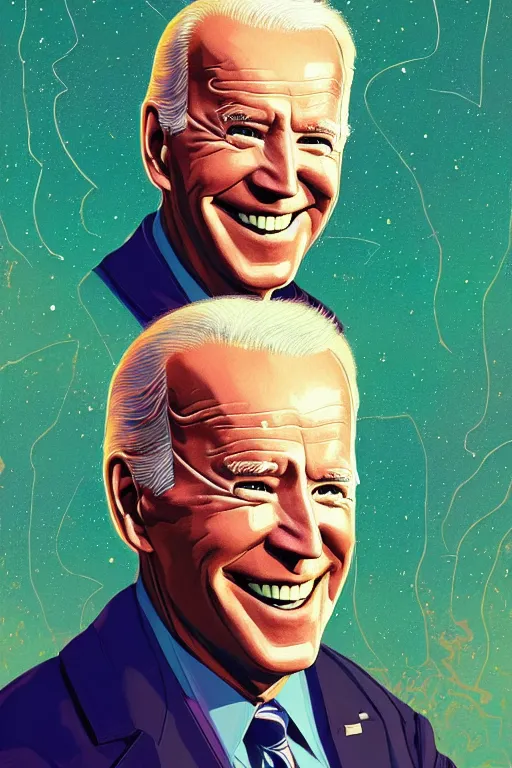 Prompt: portrait of candid joe biden, smiling down from above turning slightly away, artstation winner by victo ngai, kilian eng and by jake parker vibrant colors, winning - award masterpiece, fantastically gaudy, aesthetic octane render, 8 k hd resolution