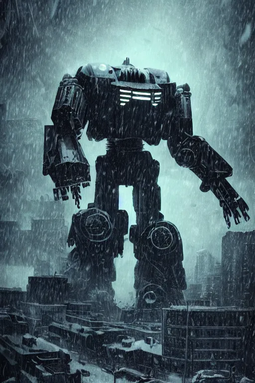 Image similar to magazine cover, cthulhu iron giant war mech with a huge rifle in tokyo city, lighting, alien invasion, modern buildings, winter landscape, snowstorm, establishing shot, metal texture, apocalypse, explosion scene, thick smoke, 8 k, super realistic, cinematic composition, by gustav dore