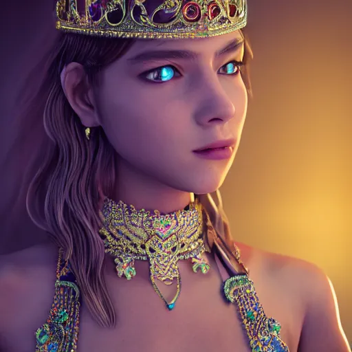 Prompt: portrait of teenage princess. ornate and intricate jewelry. glowing background lighting. 4 k. octane render.