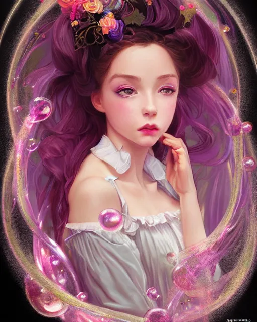 Image similar to portrait of magical lolita girl, dreamy and ethereal, expressive pose, big gold eyes, exciting expression, fantasy, intricate, elegant, many rainbow bubbles, rose tones, highly detailed, digital painting, artstation, concept art, cyberpunk wearing, smooth, sharp focus, illustration, art by artgerm and greg rutkowskiand alphonse mucha