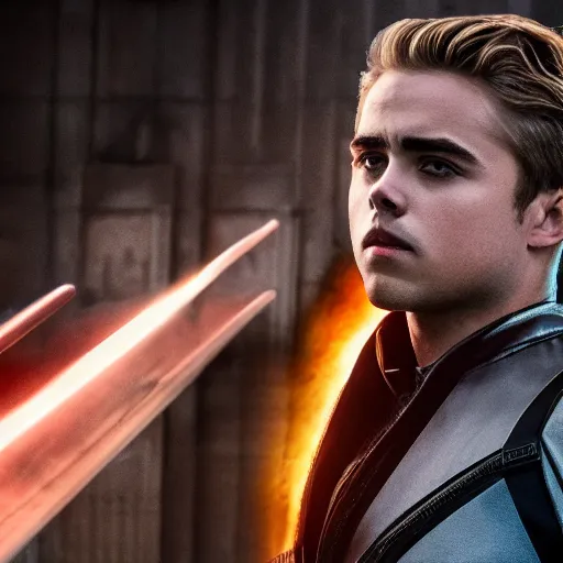Image similar to stunning awe inspiring dacre montgomery as archangel in a x - men movie, still 8 k hdr atmospheric lighting