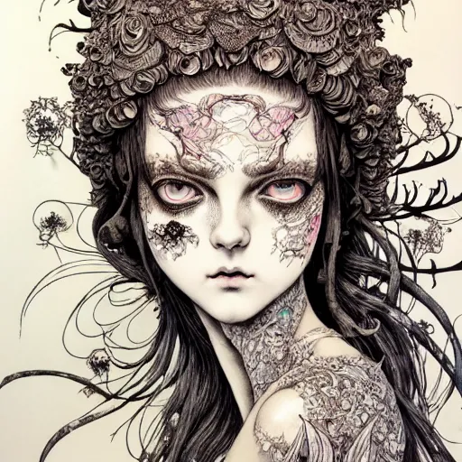 Image similar to prompt: Mysterious girl face painted in William Blake style drawn by Vania Zouravliov and Takato Yamamoto, intricate oil painting, high detail, Neo-expressionism, post-modern gouache marks on the side, gnarly details soft light, white background, intricate detail, intricate ink painting detail, sharp high detail, manga and anime 2000