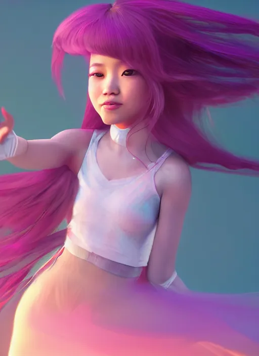 Image similar to a cute asian girl dancing, flowing hair in the style of pixar animation, full body shot, viewed from bellow, award winning, hyper detailed, studio lighting, artstation, octane renderer, unreal engine