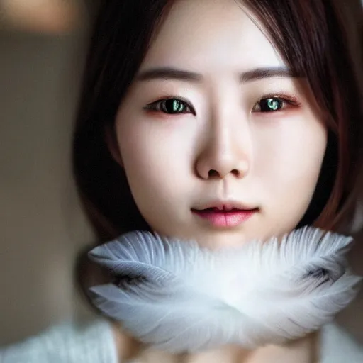 Prompt: photo portrait of beautiful Japanese women with perfect eyes and simetrical face, she have delicate traditional make up, half of a face covered with feather cinematic light, 8k,, akira kurosawa style