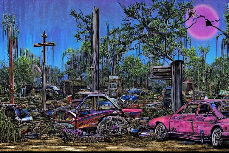 Image similar to scene fromlouisiana swamps, old protestant church with neon cross, junkyard by the road, boy scout troop, voodoo, artwork by jean giraud