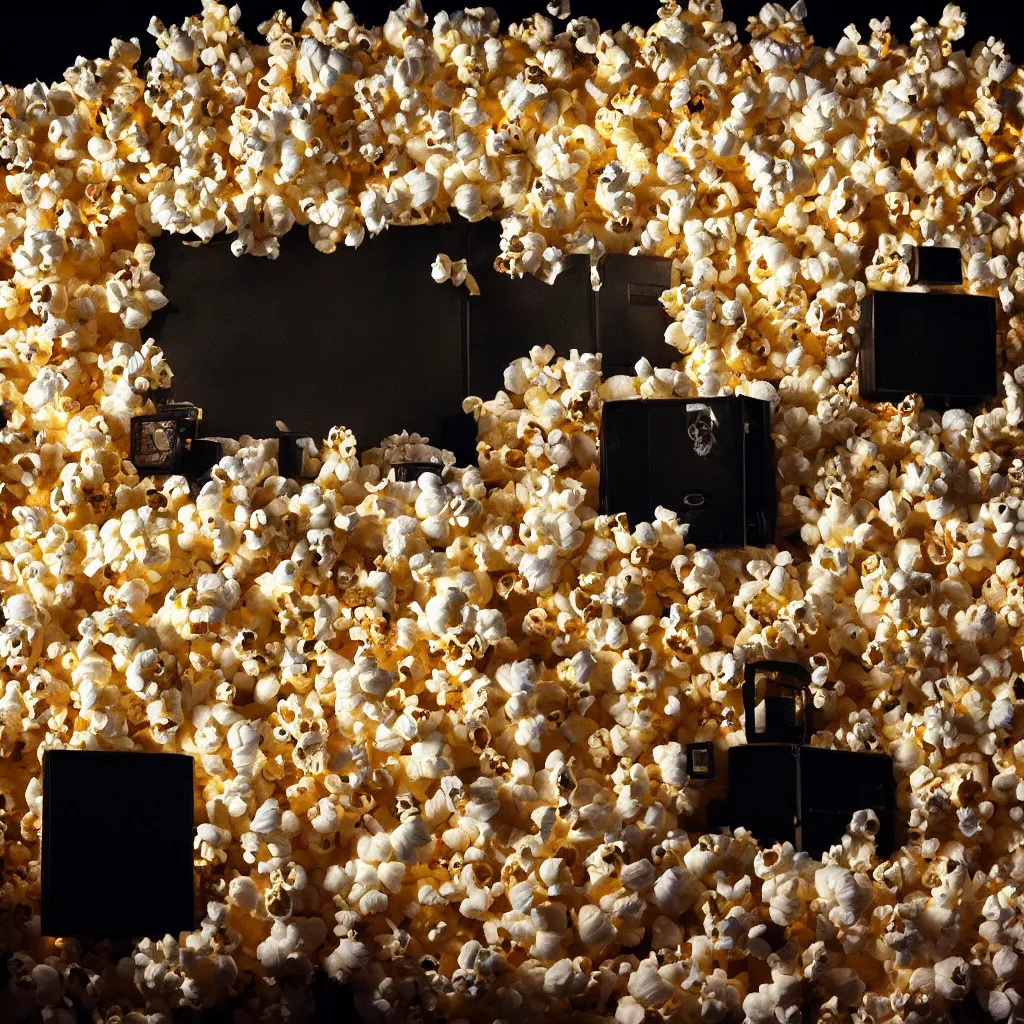 Image similar to outdoor cinema screen with giant popcorn kernels at night symmetrical rule of thirds