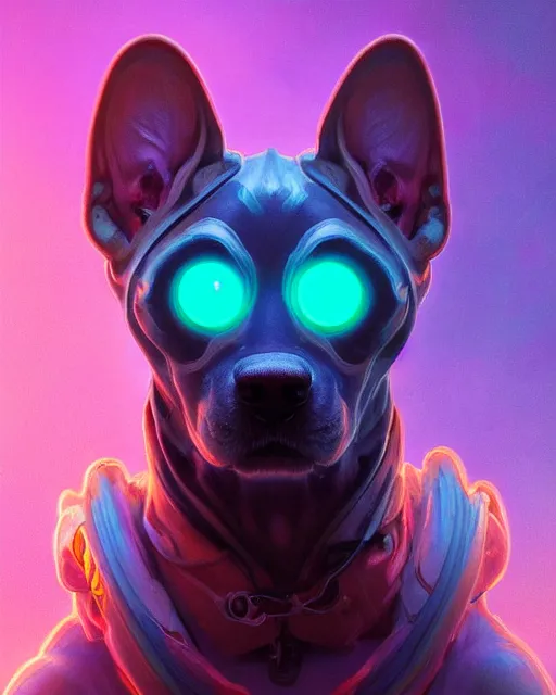 Prompt: one singular portrait of a cute bioluminescent dog-man with large glowing eyes, highly detailed, digital painting, cinematic, hyper realism, dark retrowave, art by Stanley Lau and Artgerm and magali villeneuve and Alphonse Mucha, artstation, octane render, cgsociety