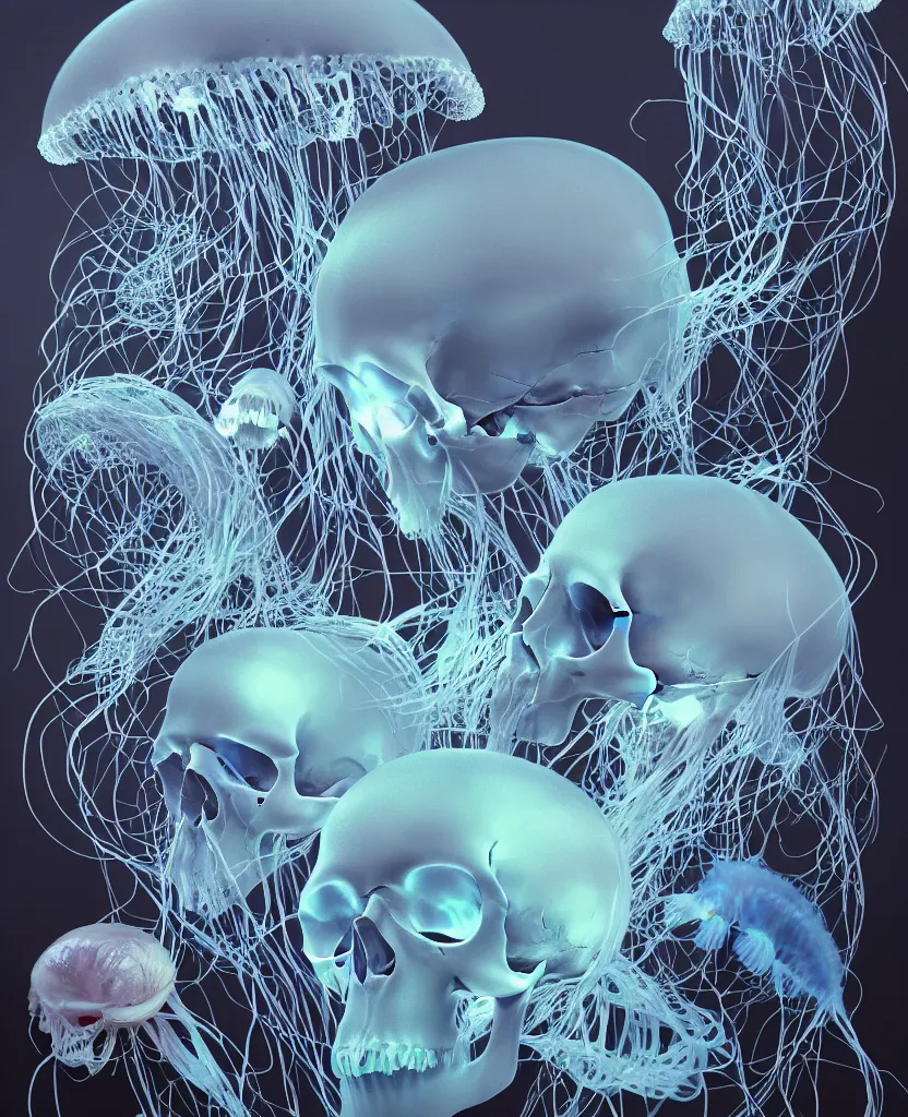 Image similar to composition of human skulls, animals skulls, bones, rib-cage. jellyfish orchids and betta fish, bioluminiscent, intricate artwork by Tooth Wu and wlop and beeple. octane render, trending on artstation, greg rutkowski very coherent symmetrical artwork. cinematic, hyper realism, high detail, octane render, 8k