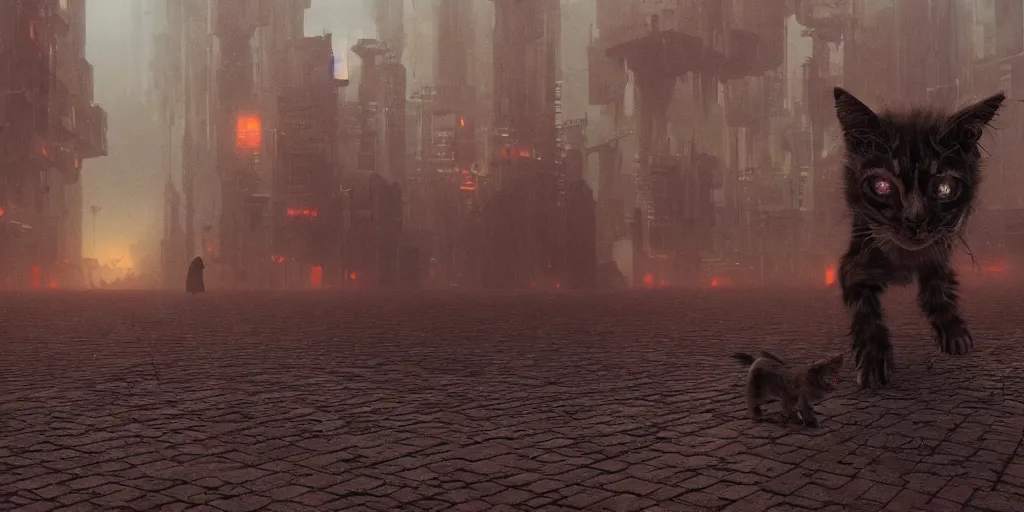 Image similar to cyberpunk demon kitten walking in a dystopian wasteland, Beksinski, MC Escher, very coherent symmetrical artwork. cinematic, hyper realism, high detail, octane render, 8k