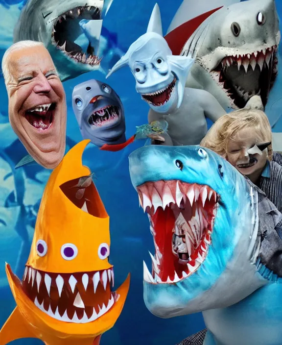 Image similar to joe biden nightmare fuel, shark man, shark costume, shark fin, sharp teeth, big smile, blue skin, ( ( claymation ) ), iridescent accents, by simon stalenberg