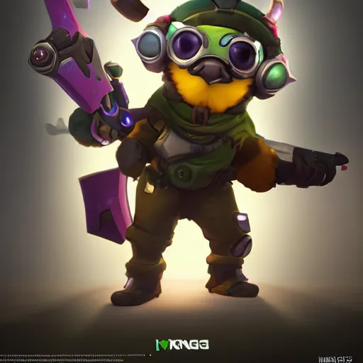 Image similar to teemo is the newest overwatch character, kings row in the background, octane render, blender render, unreal engine, standing pose, cinematic lighting, symmetrical, never underestimate the power of the scouts code