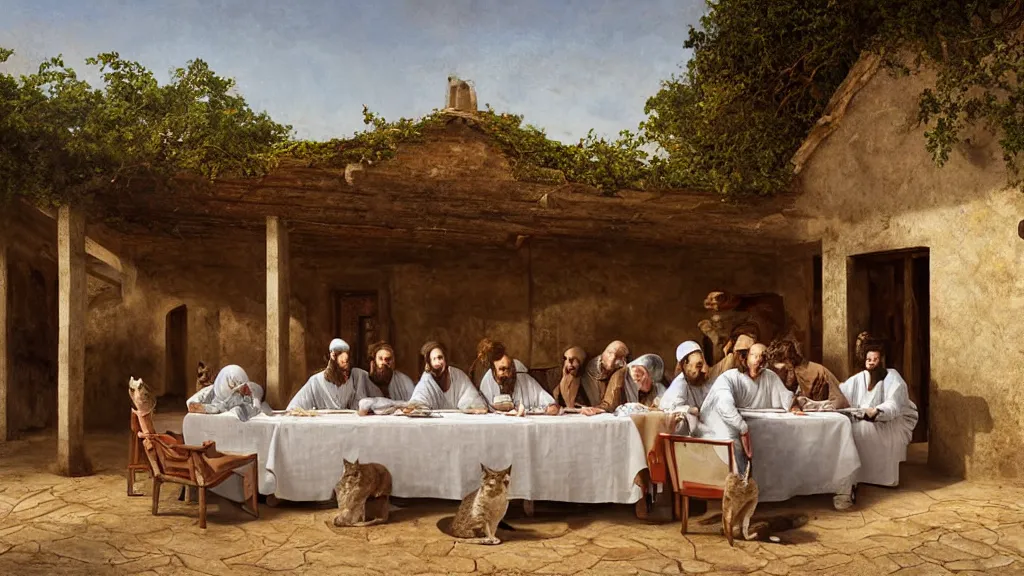 Image similar to the scene of the last supper, man dressed in suits, with cat heads, under the porch of a typical portuguese house, with typical alentejo landscape in the back, sunny morning, matte painting, oil canvas, photorealistic illustration, extreme detail, hyper realistic, highly detailed, digital art