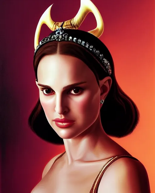 Image similar to Natalie Portman, wearing devil horns headband, very detailed portrait, ultrarealistic, dramatic lighting, electrical details, high details, 4k, 8k, best, accurate, trending on artstation, fur, artstation, photorealism, ultrarealistic, digital painting, style of Dali, Caravaggio, Boris Vallejo