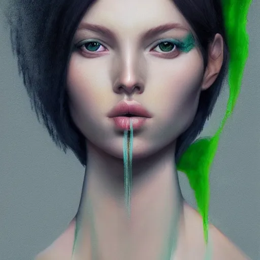 Image similar to symmetrical portrait of beautiful woman with green fuzzy hair, by nick silva, ja mong, digital, soft painting, photorealism
