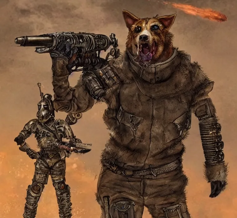 Image similar to a good ol'hound dog fursona ( from the furry fandom ), heavily armed and armored facing down armageddon in a dark and gritty version from the makers of mad max : fury road. witness me.