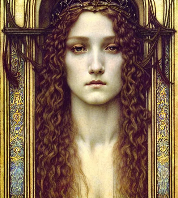 Image similar to detailed realistic beautiful young medieval queen face portrait by jean delville, gustave dore and marco mazzoni, art nouveau, symbolist, visionary, gothic, pre - raphaelite. horizontal symmetry